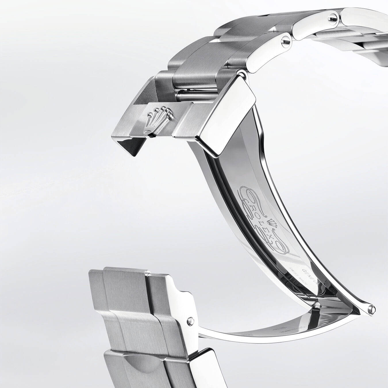 Closeup of Rolex&rsquo;s three-piece Oyster bracelet and patented Oysterlock folding safety clasp. 
